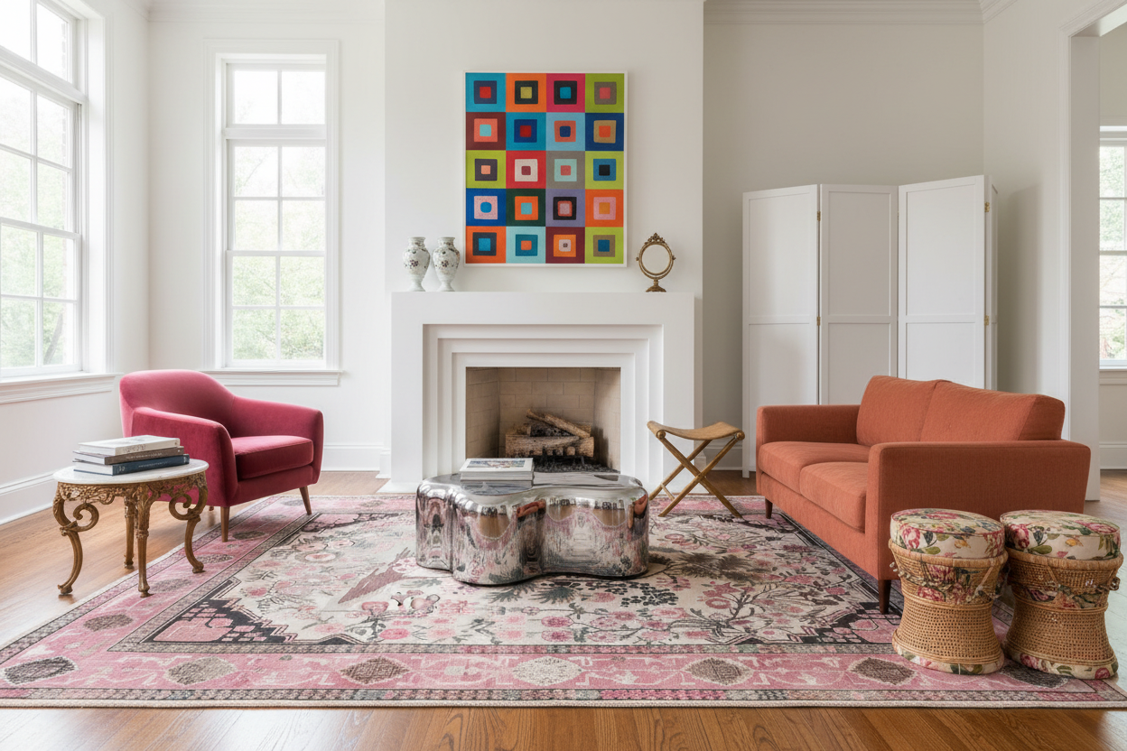 Living room with a pink sofa, red armchair, floral rug, and colorful abstract painting on the wall.