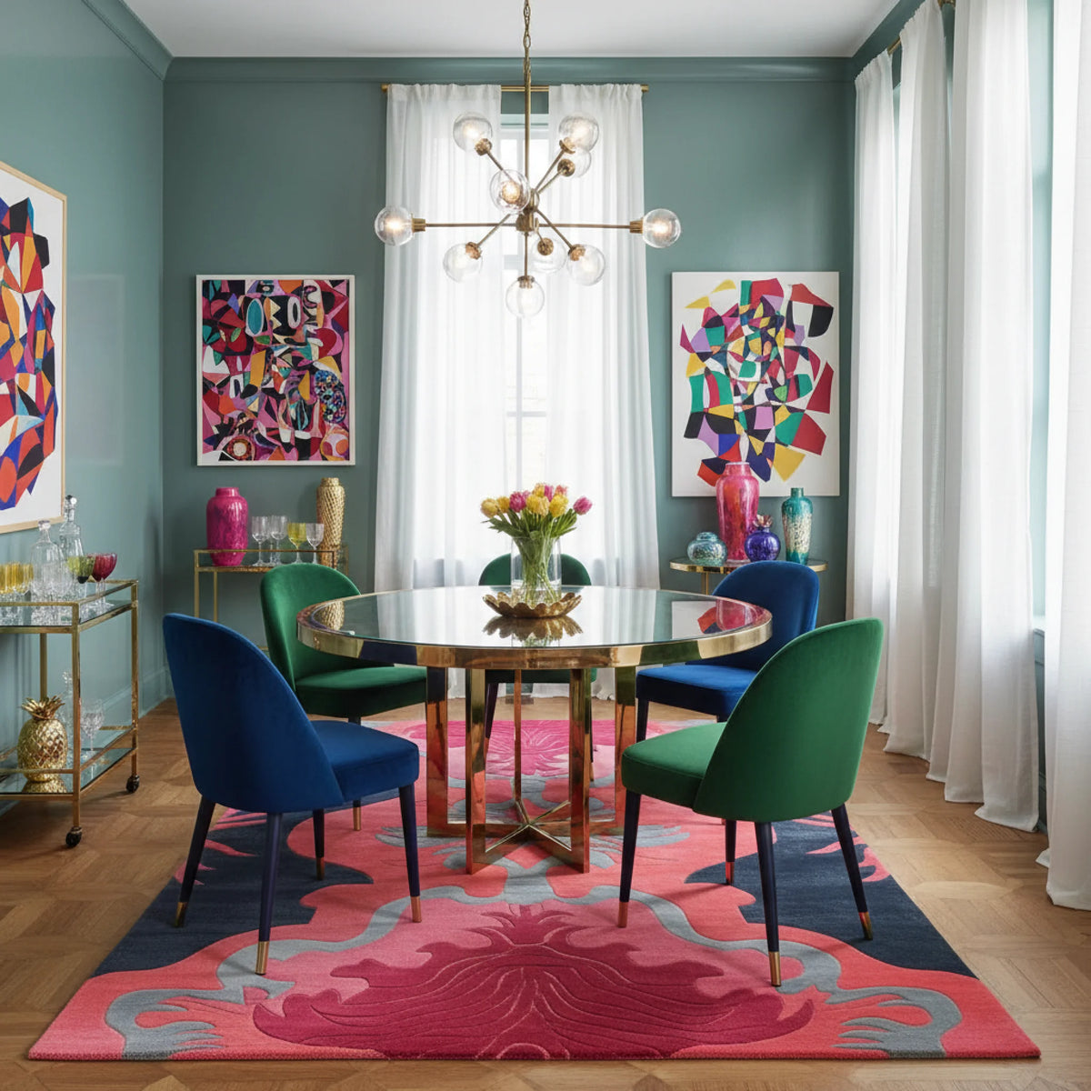 Dining room with colorful chairs, table, and abstract art on a pink rug.