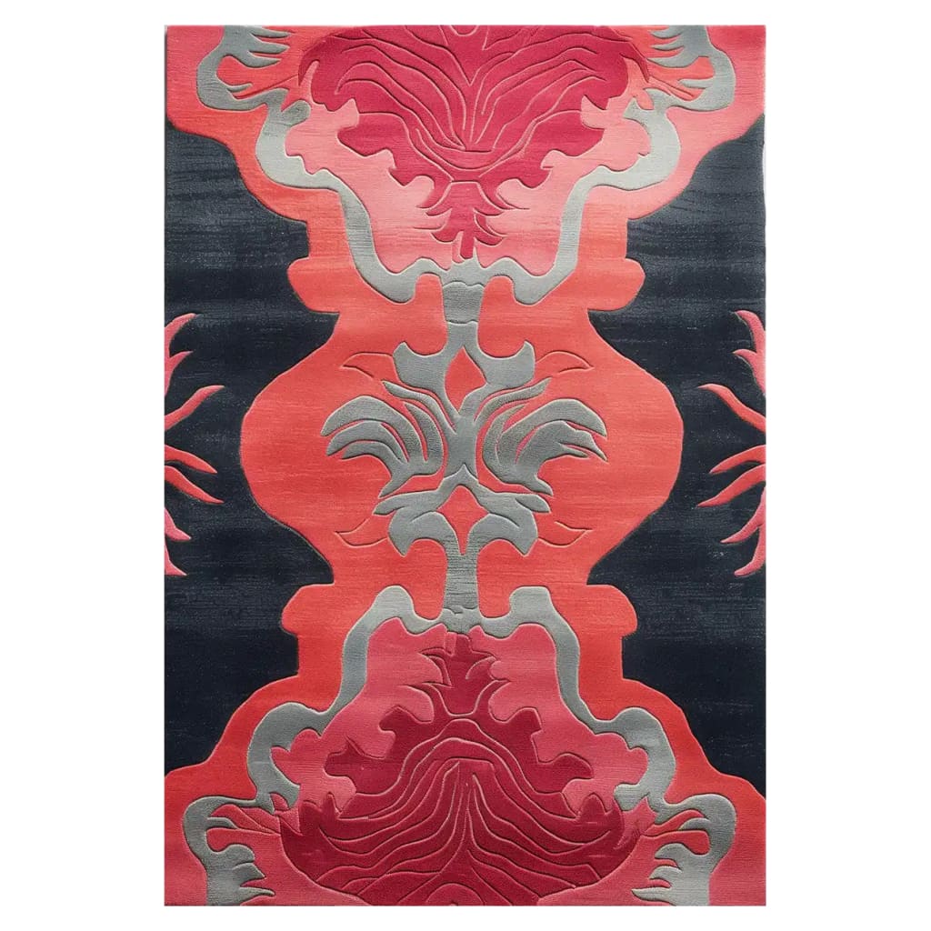 A vibrant fuchsia wool area rug featuring a bold, abstract floral design. Perfect for large living rooms, this hand-tufted rug adds a touch of elegance with its intricate patterns and rich colors.