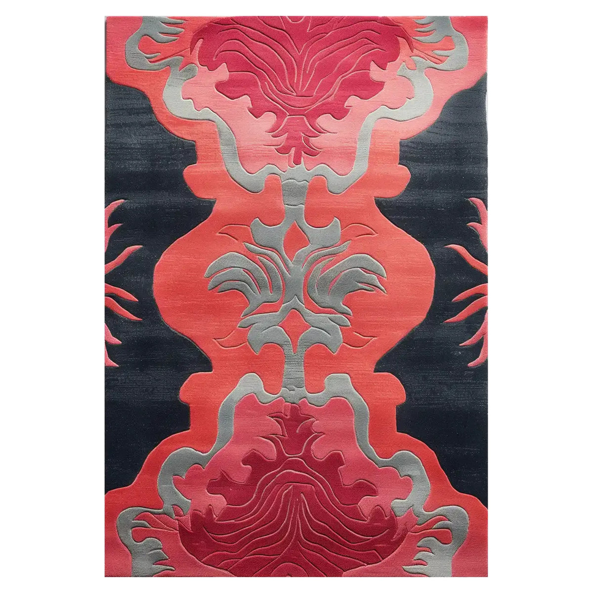 A vibrant fuchsia wool area rug featuring a bold, abstract floral design. Perfect for large living rooms, this hand-tufted rug adds a touch of elegance with its intricate patterns and rich colors.