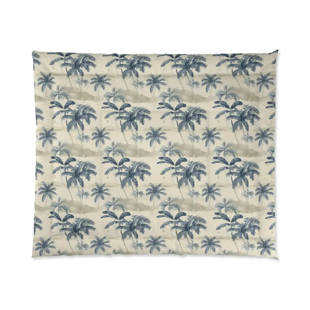 Full flat-lay of Tropical Brushstroke comforter, repeating blue palm trees on a cream quilted ground