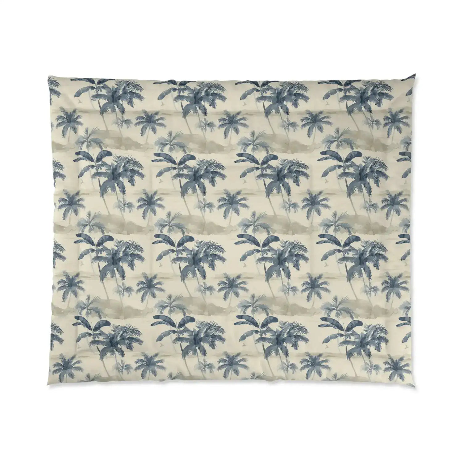 Full flat-lay of Tropical Brushstroke comforter, repeating blue palm trees on a cream quilted ground