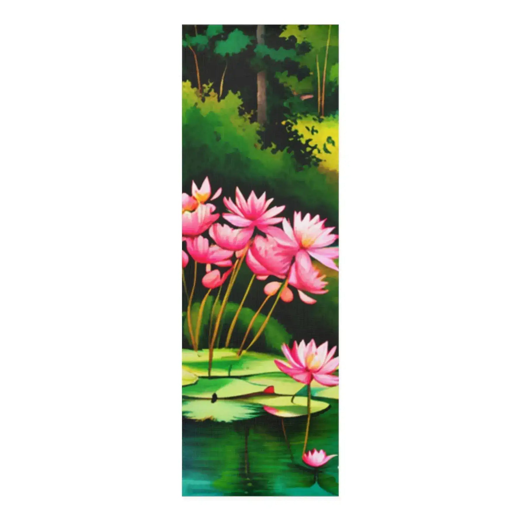 Full-length foam yoga mat printed with pink lotus blossoms over a green lily pond