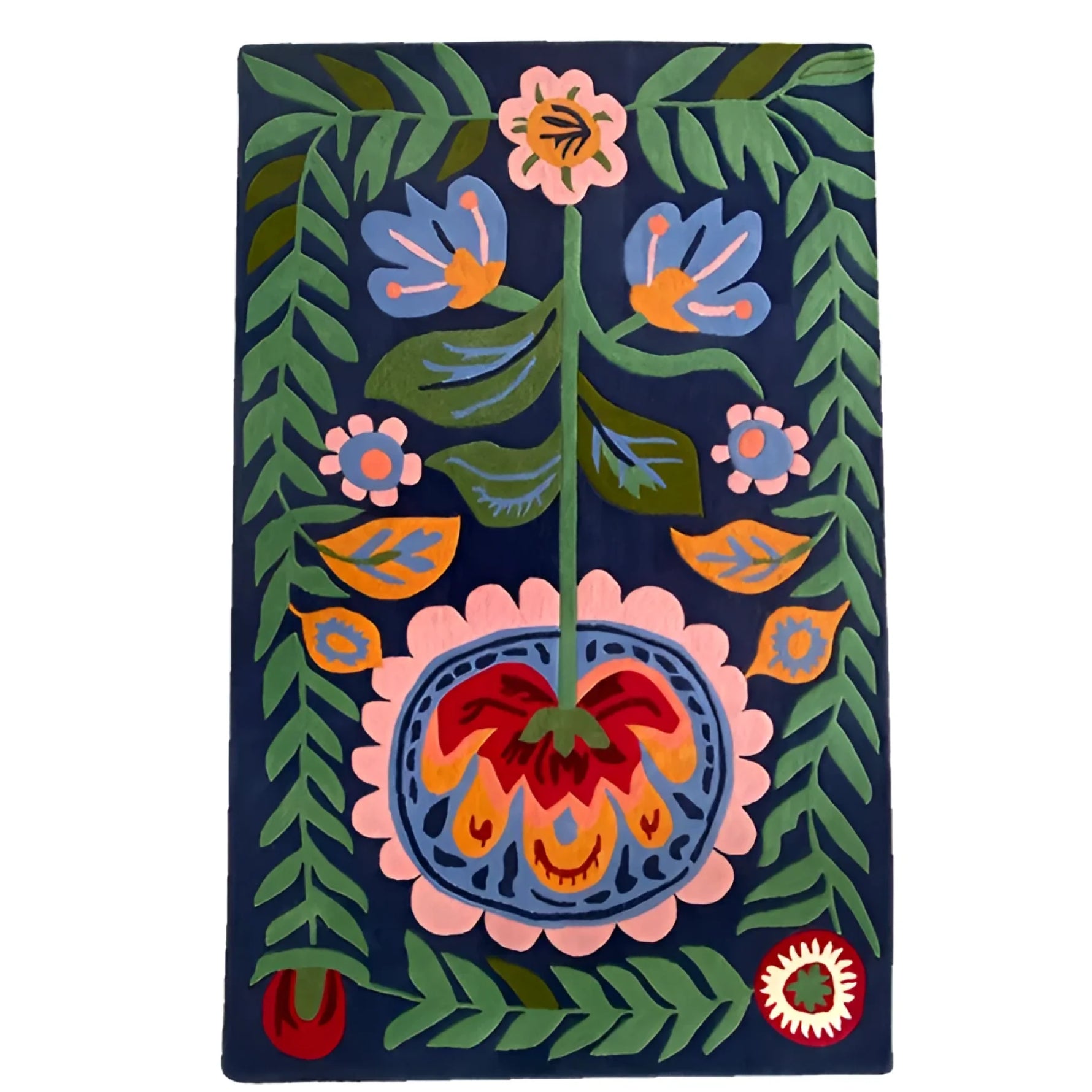 Full Mexican Fiesta rug, navy folk-art floral with blue and pink blooms and green leaf border