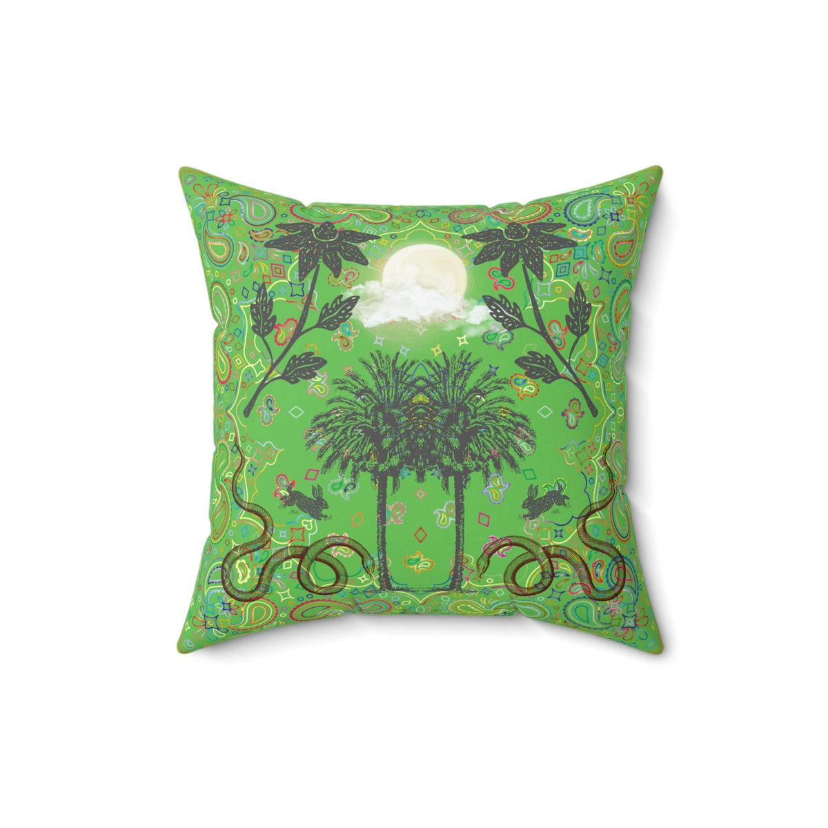 Full Moon Night Palm Trees Throw Pillow - Green