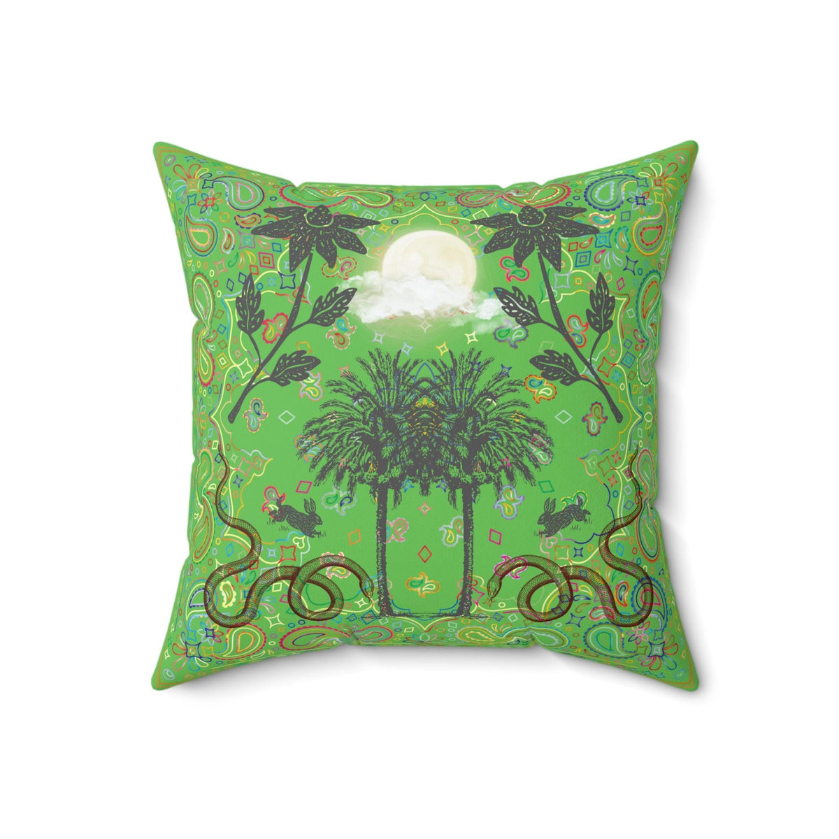 Full Moon Night Palm Trees Throw Pillow - Green