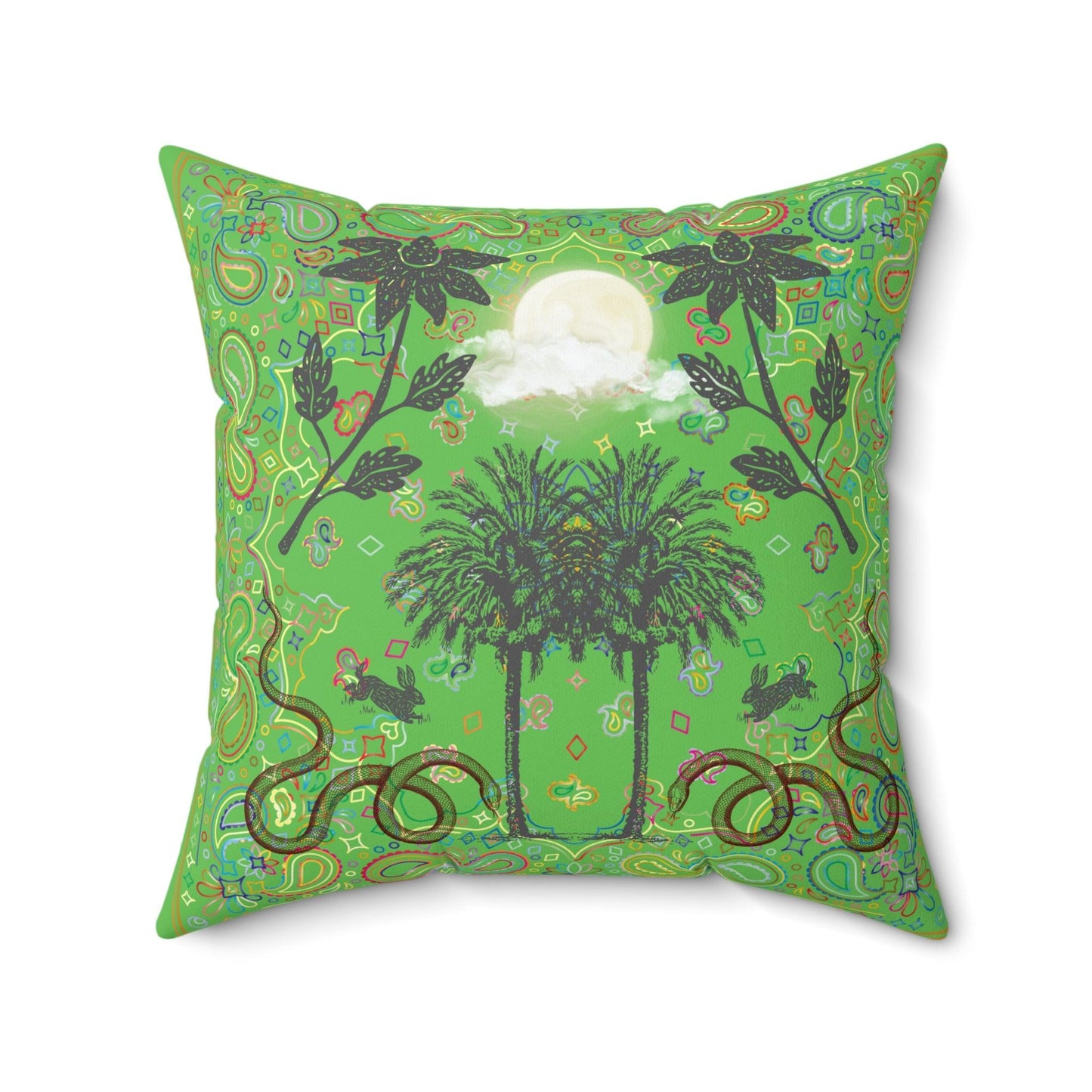 Full Moon Night Palm Trees Throw Pillow - Green - MAIA HOMES