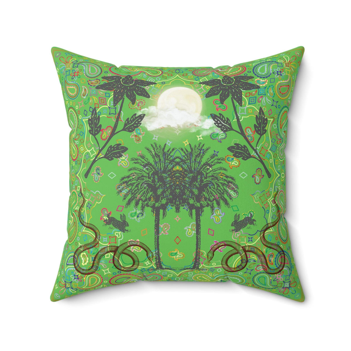 Full Moon Night Palm Trees Throw Pillow - Green