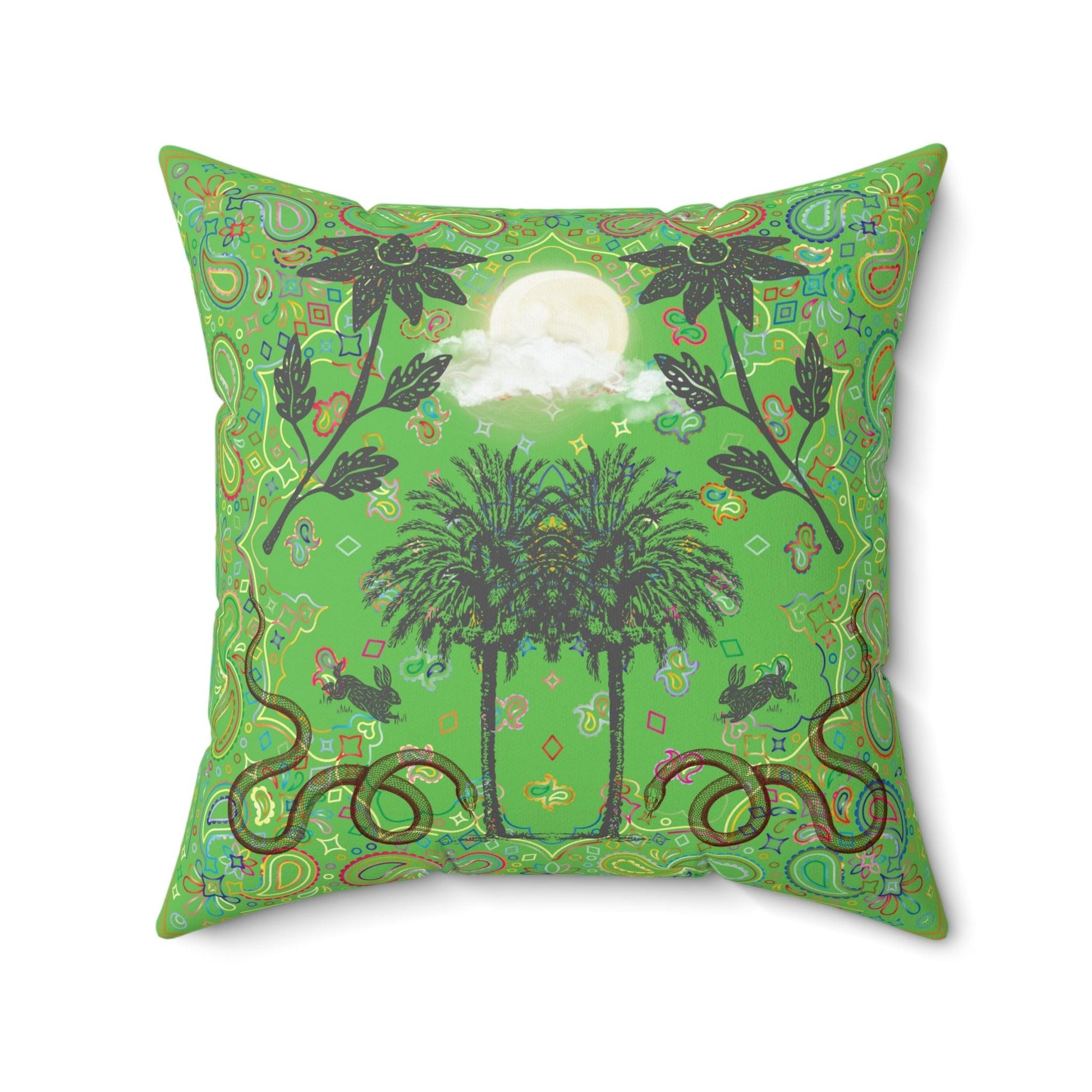 Full Moon Night Palm Trees Throw Pillow - Green - MAIA HOMES