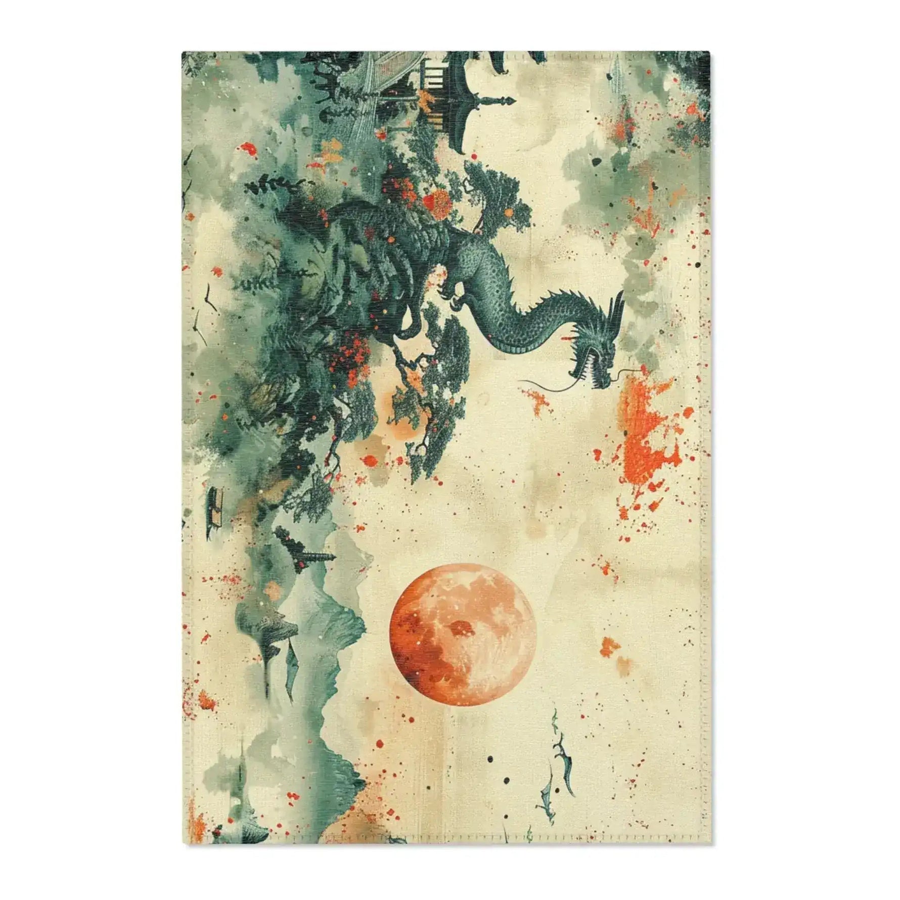 Full view of Moonlit Dragonscape rug, ink-wash dragon among misty mountains with an orange moon