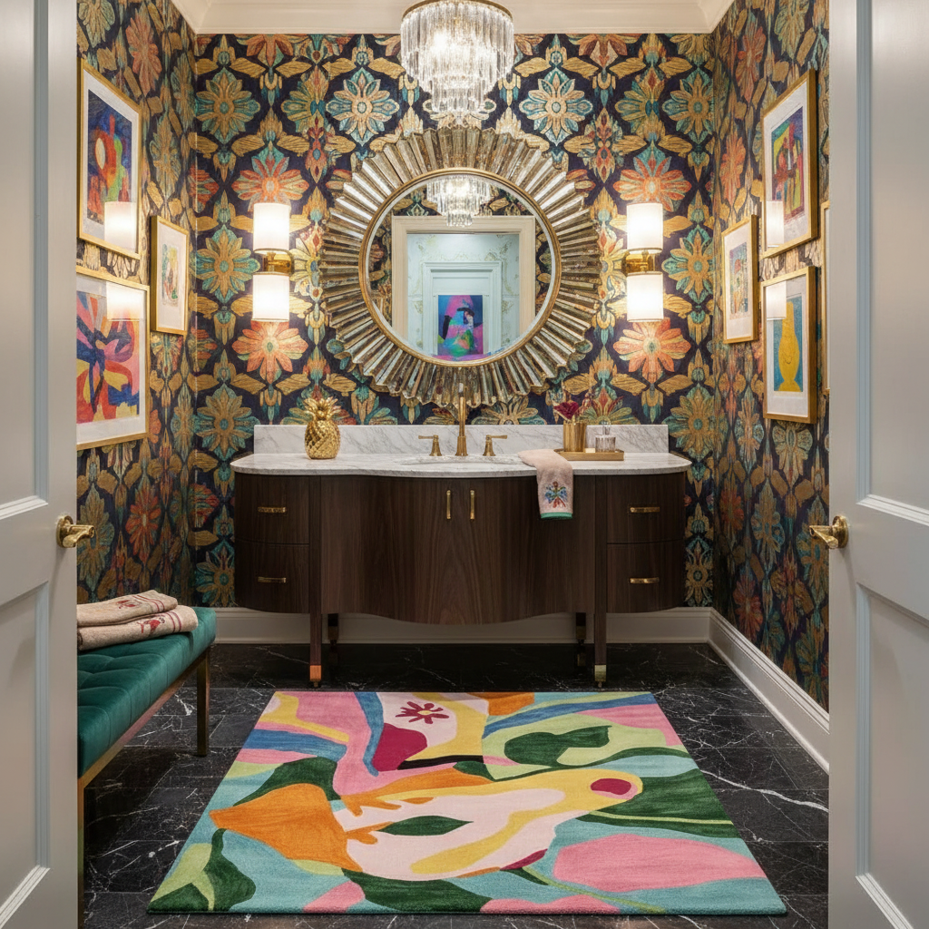 Colorful bathroom with patterned wallpaper, round mirror, and vibrant rug.