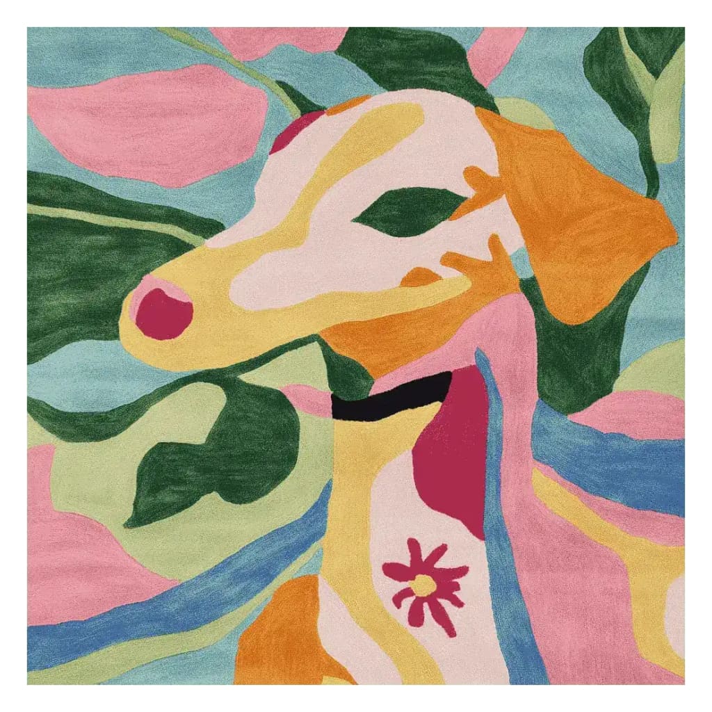 Vibrant and colorful area rug featuring a playful abstract design of a dog's face, perfect for adding a contemporary touch to a living room. This wool rug, ideal as a square area rug or for large living room rugs, showcases a mix of pink, green, yellow, and blue hues, embodying a modern artistic flair.