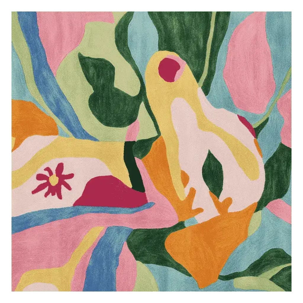 Vibrant and colorful Funky Dog Days Hand Tufted Rug, showcasing an abstract design with bold colors like pink, green, blue, and orange. This contemporary wool area rug is perfect for adding a splash of color to any living room, especially as a large 8x10 square rug.
