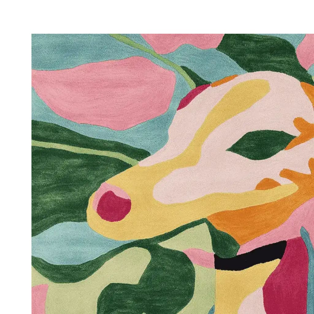 This vibrant area rug, titled 'Funky Dog Days Hand Tufted Rug', features a bold and contemporary design with abstract shapes in pink, green, yellow, and blue. Ideal for adding a touch of modern flair to your living space, this square wool rug is perfect for large living rooms. The 8x10 size makes it a standout piece, seamlessly blending style and comfort in any home decor.