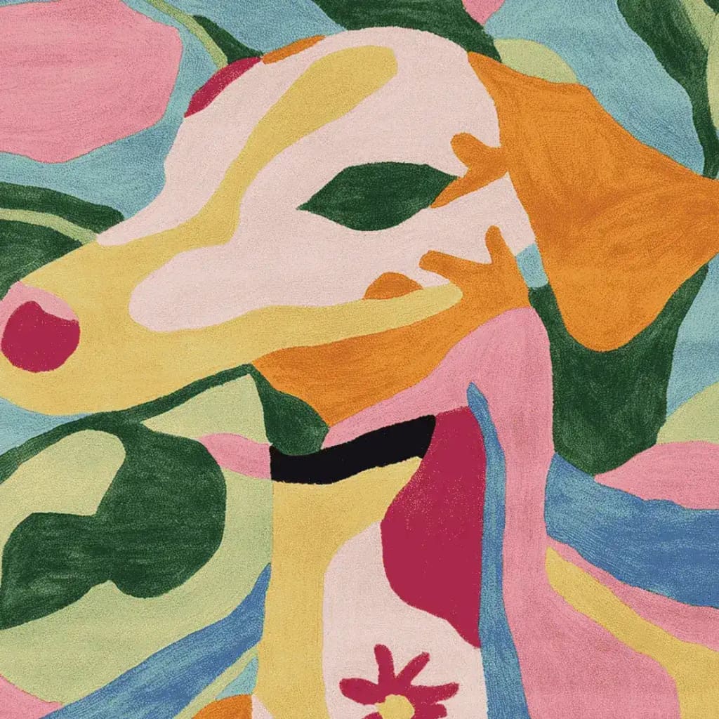 A vibrant, abstract design on a Funky Dog Days Hand Tufted Area Rug, showcasing bold colors in a contemporary pattern. This square wool rug is perfect for adding a pop of color to large living rooms, particularly in an 8x10 size.