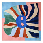 Top view of the Funky Flow Fever Hand Tufted Rug, a square area rug featuring a vibrant abstract design with wavy stripes in blue, green, orange, and beige colors. This contemporary wool rug is perfect for adding a bold touch to large living room spaces, making it an ideal choice for those seeking stylish area rugs for living rooms.