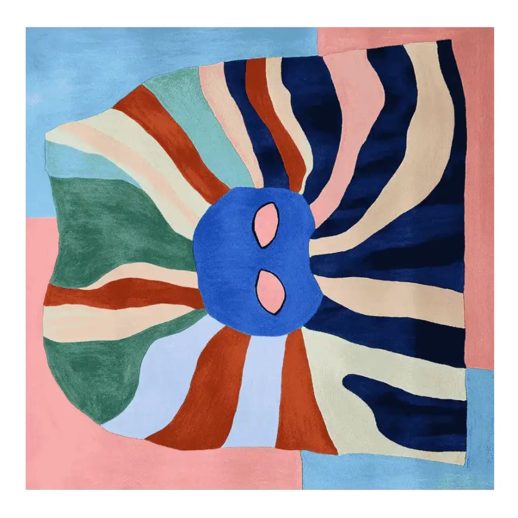 Top view of the Funky Flow Fever Hand Tufted Rug, a square area rug featuring a vibrant abstract design with wavy stripes in blue, green, orange, and beige colors. This contemporary wool rug is perfect for adding a bold touch to large living room spaces, making it an ideal choice for those seeking stylish area rugs for living rooms.