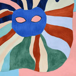 A vibrant and colorful Funky Flow Fever hand tufted area rug with an abstract design. This square area rug features bold, swirling patterns in shades of blue, red, green, and pink, making it a striking contemporary rug choice for large living rooms. Crafted from quality wool, it adds a modern touch to any space, perfect for those seeking unique area rugs for living room decor.