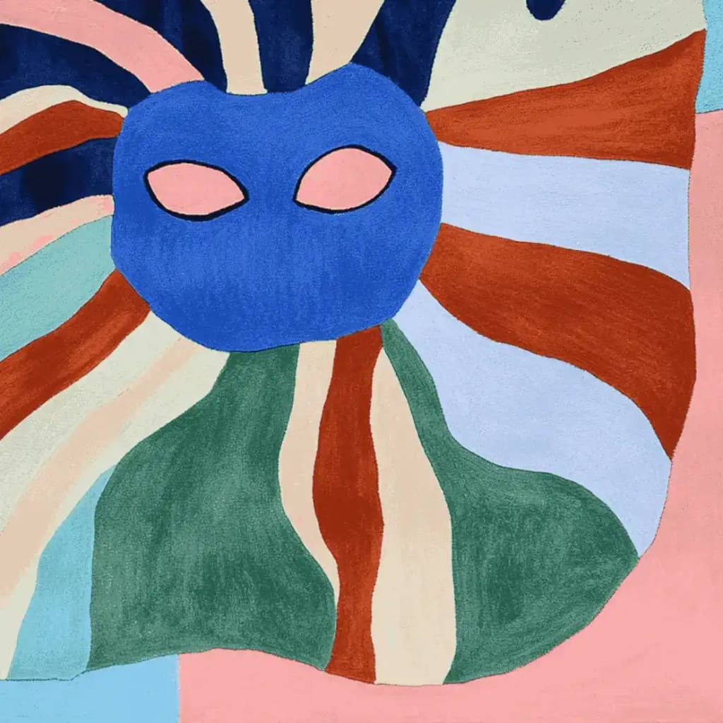 A vibrant and colorful Funky Flow Fever hand tufted area rug with an abstract design. This square area rug features bold, swirling patterns in shades of blue, red, green, and pink, making it a striking contemporary rug choice for large living rooms. Crafted from quality wool, it adds a modern touch to any space, perfect for those seeking unique area rugs for living room decor.