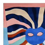 A vibrant contemporary area rug with an abstract design featuring bold waves of blue, pink, cream, and rust colors. This square wool rug is perfect for large living rooms, adding a funky flow and modern touch to any space.