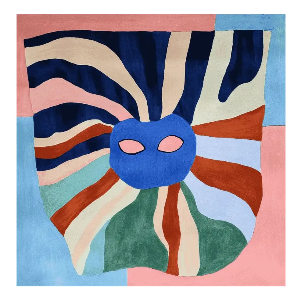 A vibrant, hand-tufted wool area rug with a bold abstract design, featuring a mix of blue, pink, green, and brown colors. This contemporary square area rug is perfect for adding a lively touch to large living room spaces.