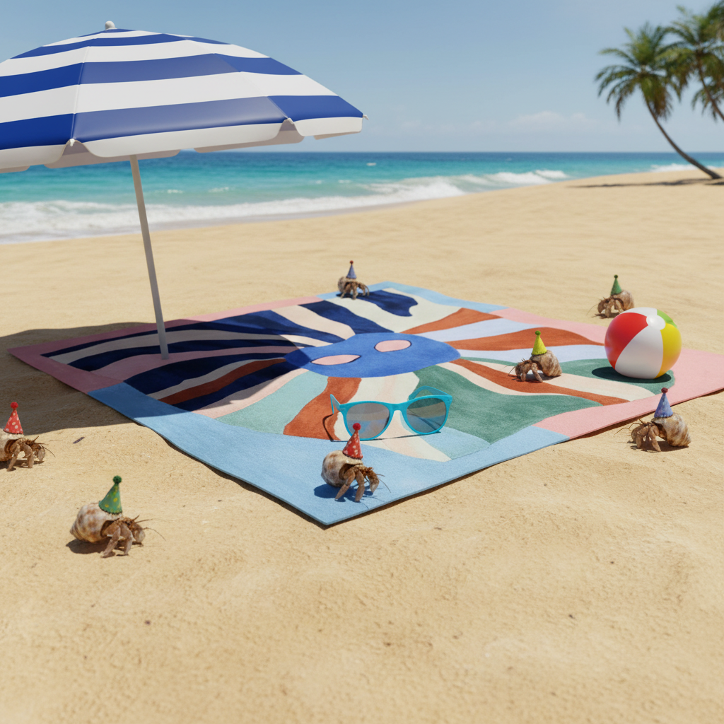 Beach scene with a colorful rug, striped umbrella, and beach accessories on sand.
