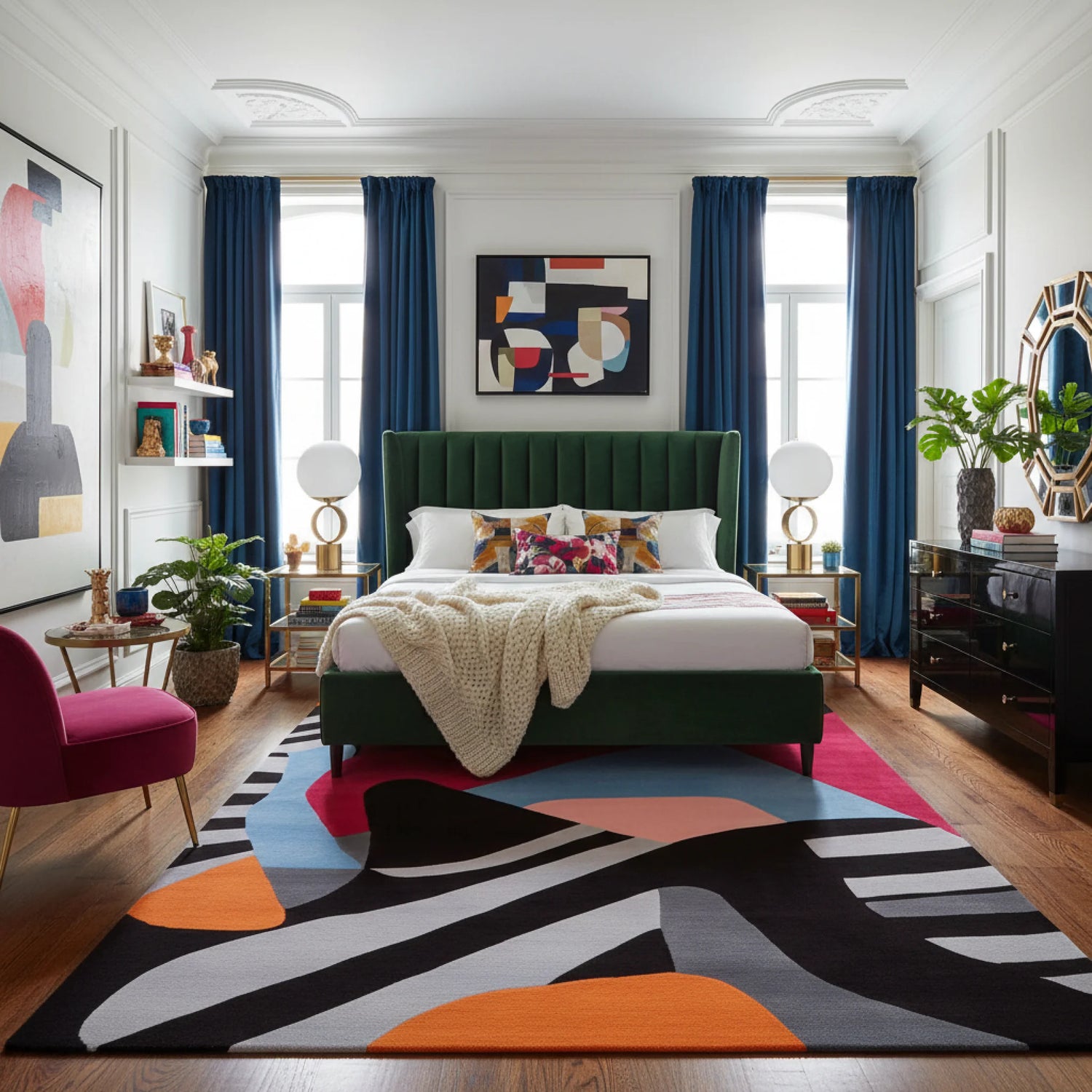 Modern bedroom with a colorful rug, green bed, and abstract art on the wall.