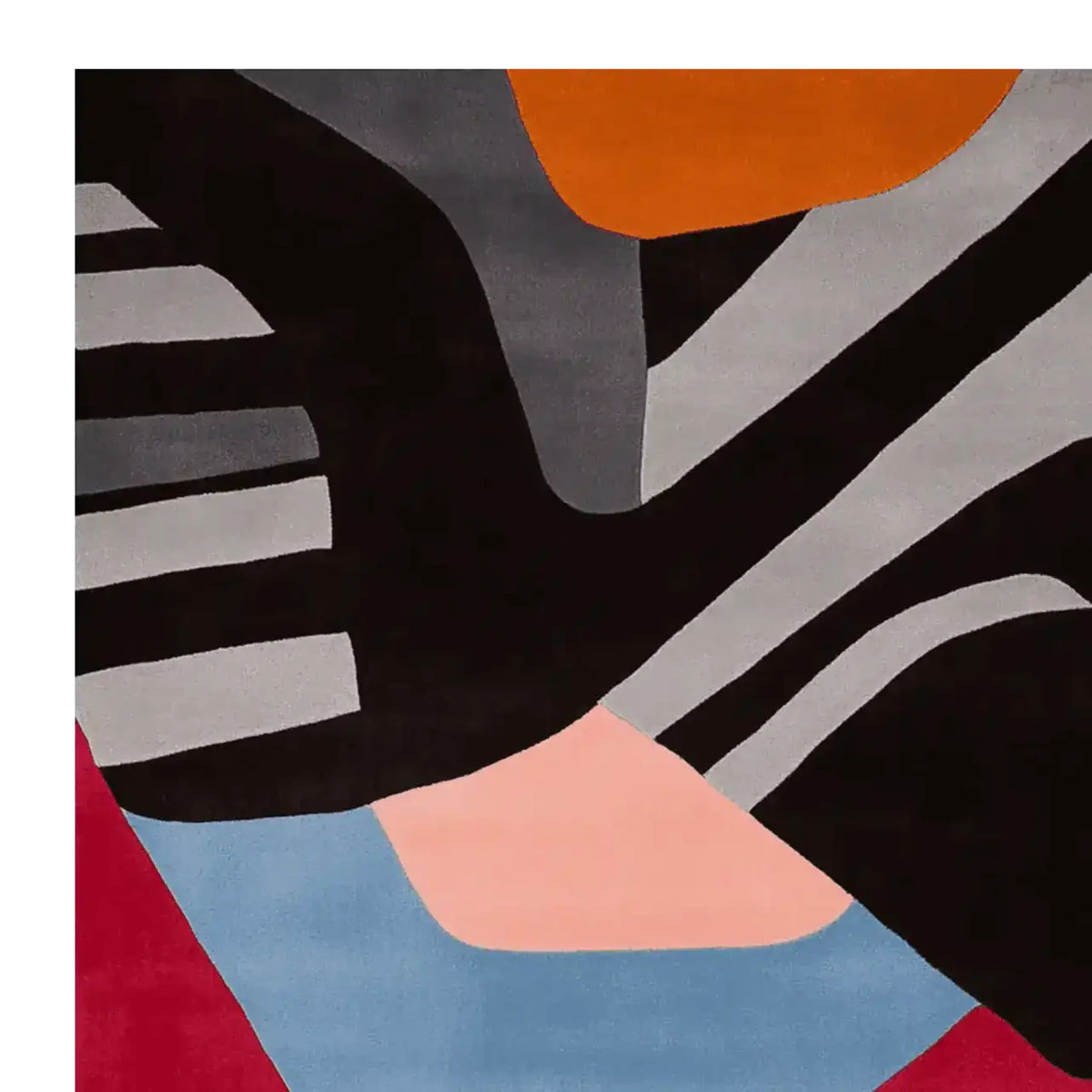 A vibrant area rug with an abstract design featuring bold black, grey, and white stripes, complemented by orange, red, blue, and pink shapes. This hand-tufted wool rug is perfect for adding a contemporary touch to living room spaces, especially in an 8x10 size.