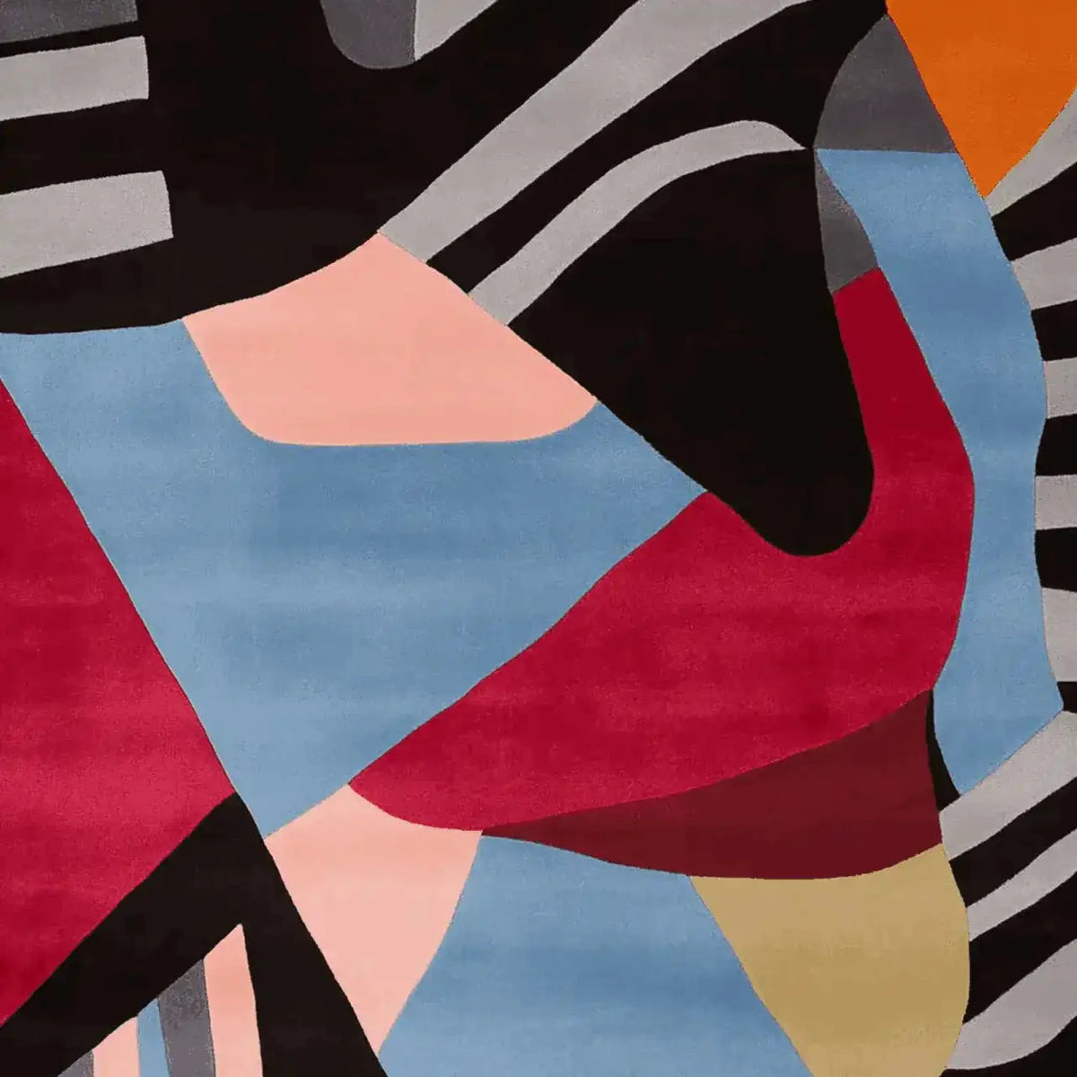 Vibrant and contemporary area rug featuring an abstract design with bold colors including red, blue, and black. This hand-tufted wool rug is perfect for adding a modern touch to living room spaces, especially in an 8x10 size.