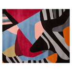 A vibrant hand-tufted area rug featuring bold abstract patterns in red, blue, orange, and black. This contemporary wool rug is perfect for adding a splash of color to living rooms, especially in the popular 8x10 size.