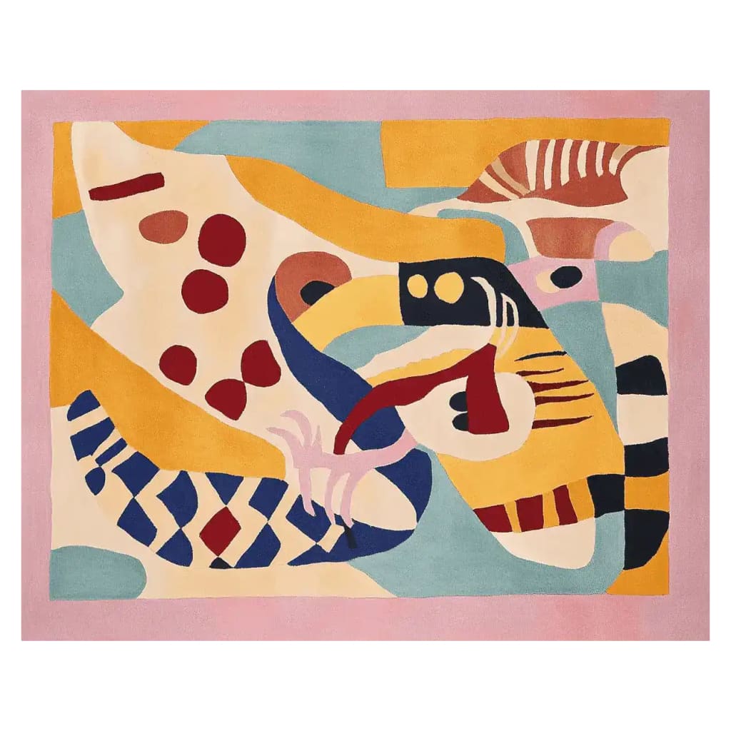 A vibrant and artistic area rug featuring an abstract design in bold colors like yellow, blue, and pink. This contemporary wool rug, perfect for living room area rugs, measures 8x10 and adds a unique touch to any modern space.