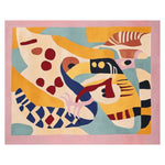 A vibrant and artistic area rug featuring an abstract design in bold colors like yellow, blue, and pink. This contemporary wool rug, perfect for living room area rugs, measures 8x10 and adds a unique touch to any modern space.
