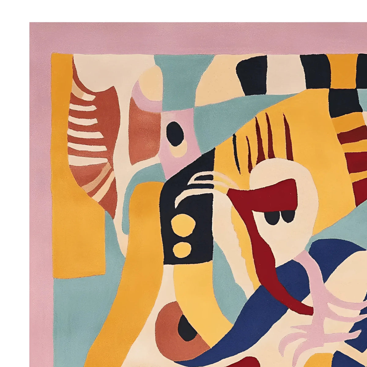 A vibrant and contemporary area rug featuring an eclectic mix of abstract shapes and bold colors. This wool rug is perfect for adding a splash of creativity to living room area spaces, ideally sized at 8x10 feet.