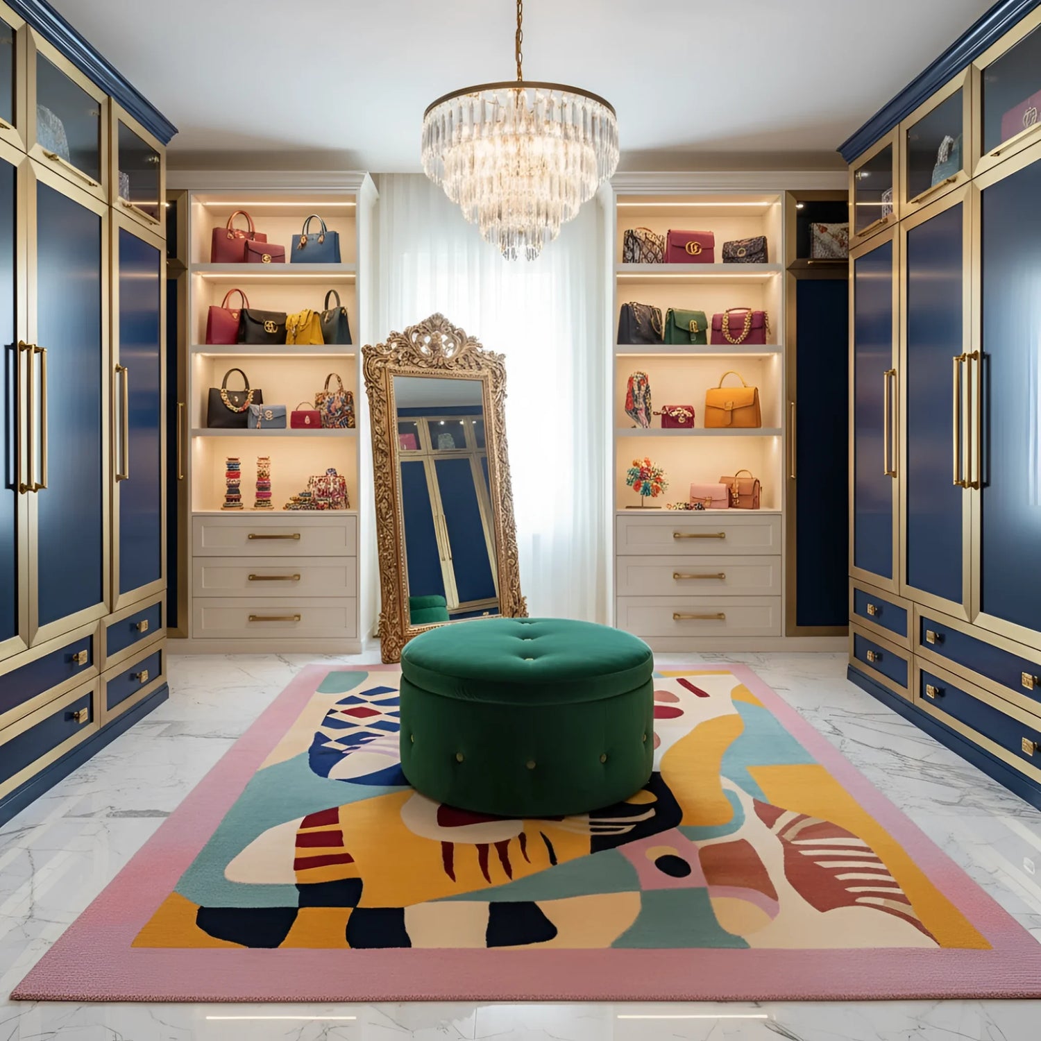 Luxurious closet with blue wardrobes, a colorful rug, and a mirror.