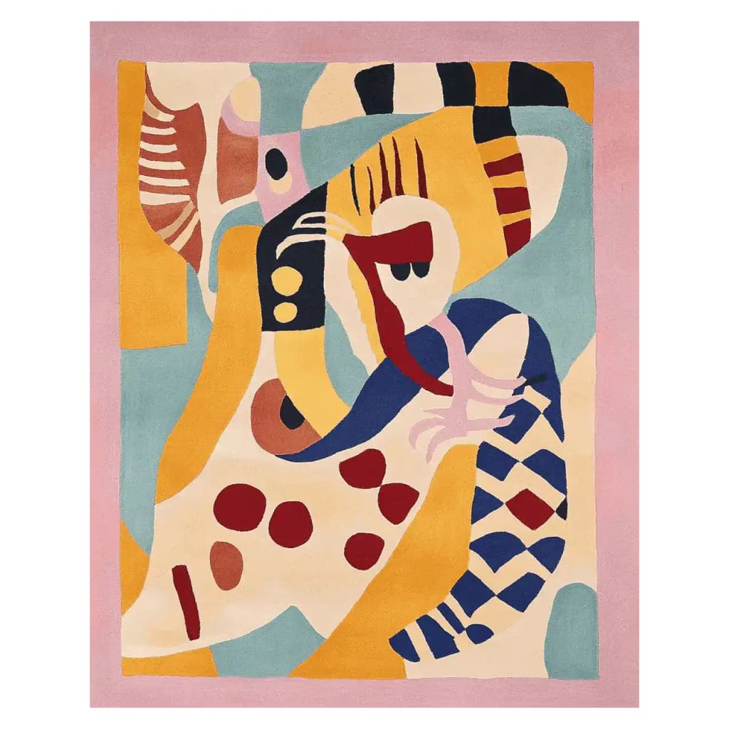 A vibrant, hand-tufted area rug showcasing a funky, abstract design with bold colors like yellow, blue, and red, perfect for adding a contemporary touch to your living room. This wool rug measures 8x10 and is ideal for those looking for unique living room area rugs.