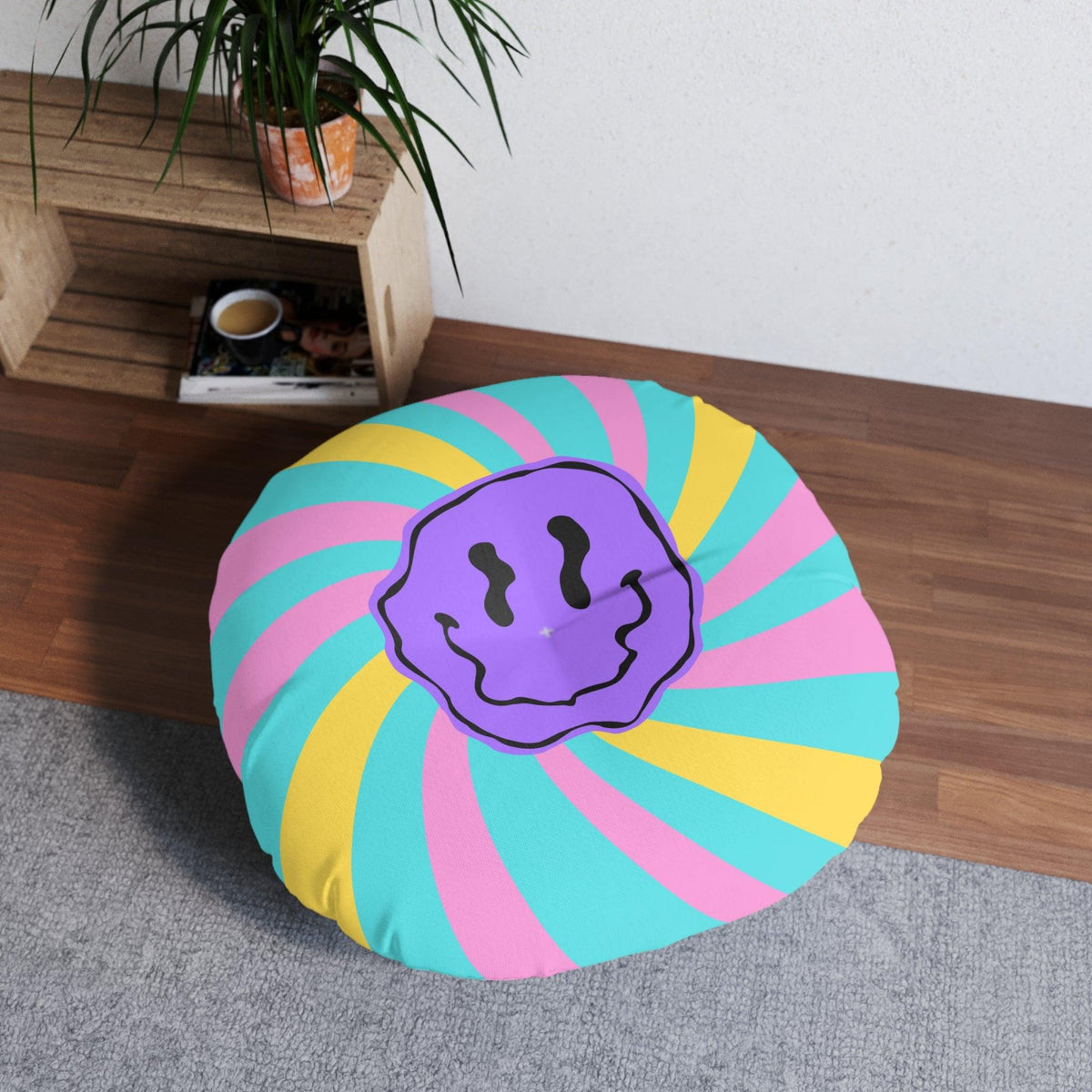 Funky Smiley Emoji Tufted Round Floor Pillow