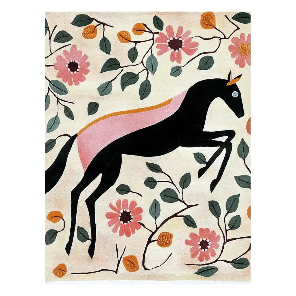 A vibrant Galloping Dream Hand Tufted Wool Rug featuring a bold black horse surrounded by pink flowers and green leaves, ideal for a large living room. This area rug brings a touch of artistic charm and elegance to any space, making it a perfect choice for rugs for the living room.