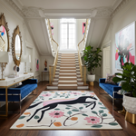 Staircase in a stylish room with a decorative horse rug featuring a horse and floral design.