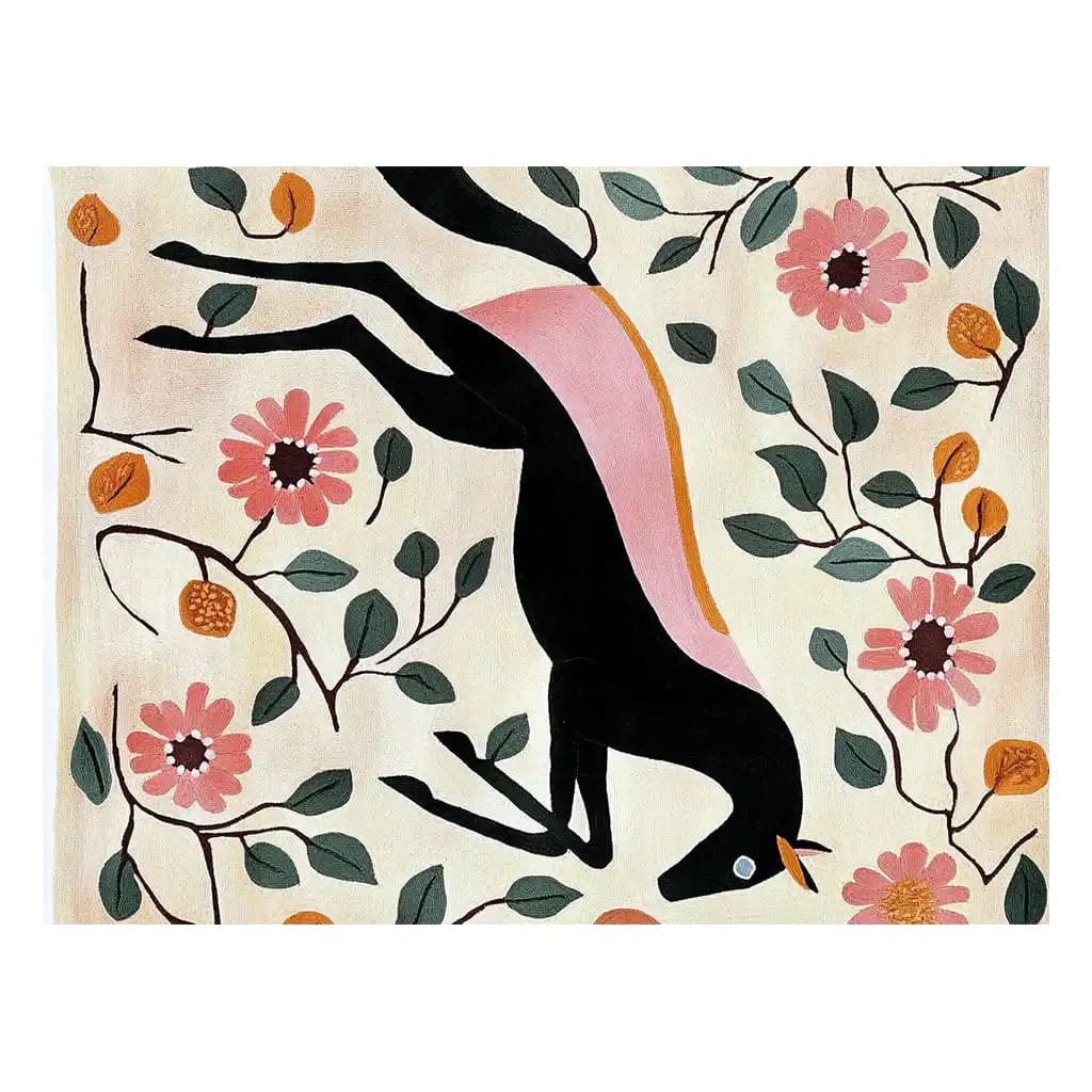 A vibrant area rug featuring a hand-tufted wool design with an abstract galloping horse surrounded by floral patterns. Ideal for large living rooms, this wool rug adds a touch of elegance and charm to any living space.