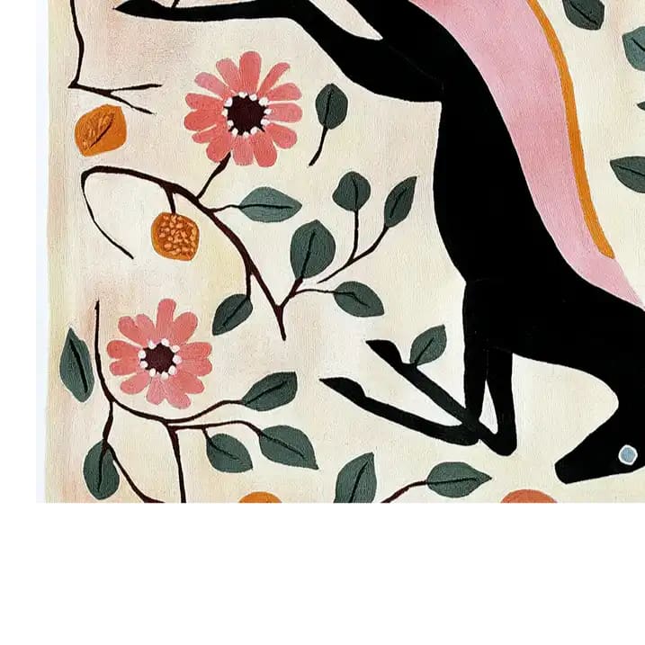 Close-up of the Galloping Dream Hand Tufted Wool Rug showcasing a colorful, abstract design with floral elements and dynamic patterns. Ideal for adding a creative touch to large living room spaces, this area rug seamlessly combines style and comfort, making it perfect for those looking for unique wool rugs for their living room.