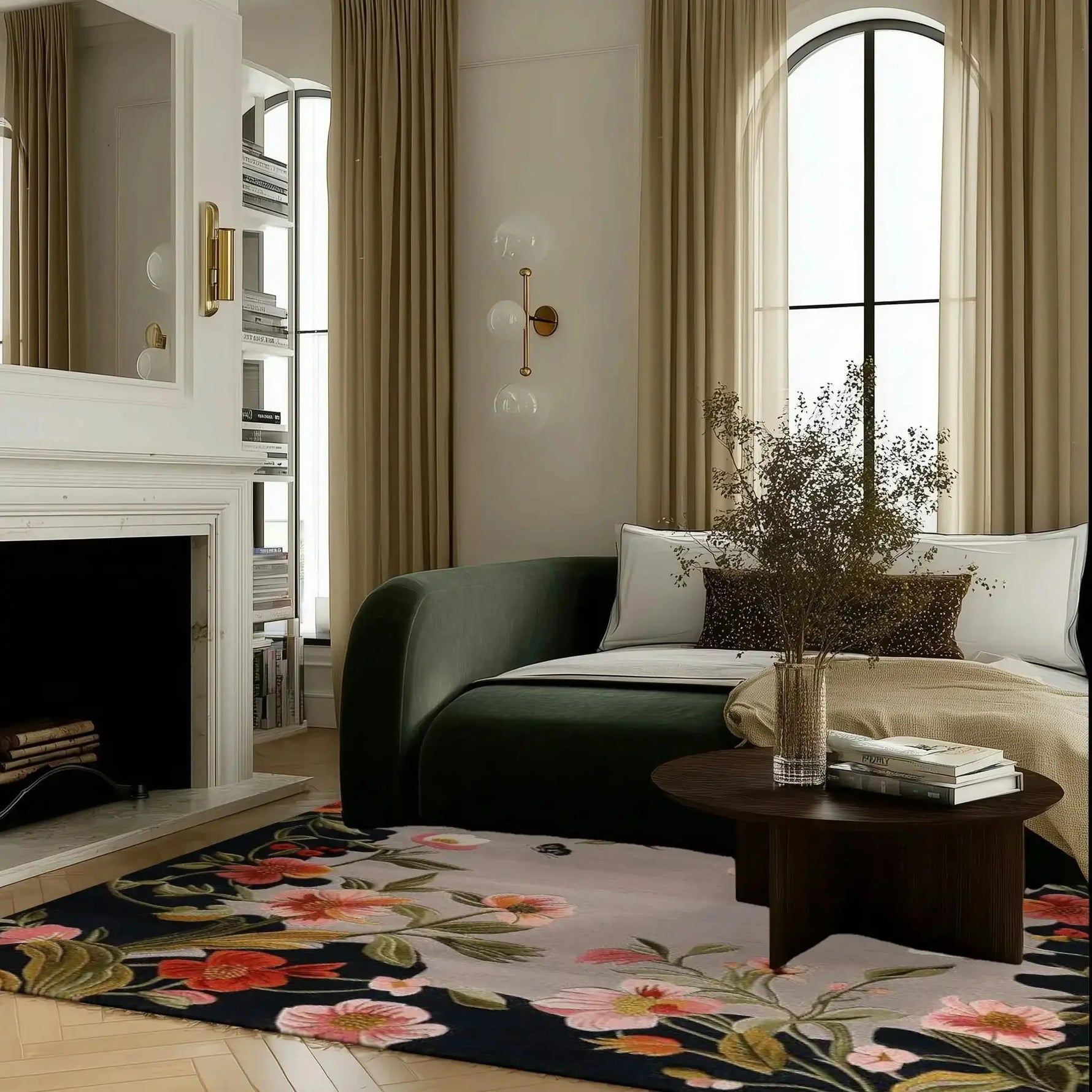 A cozy living room featuring a Garden Bouquet Hand Tufted Wool Rug. The square area rug showcases a beautiful floral pattern with vibrant colors, perfectly complementing the elegant decor. Ideal for large spaces, this 8x10 wool rug adds a touch of warmth and style to any living room.