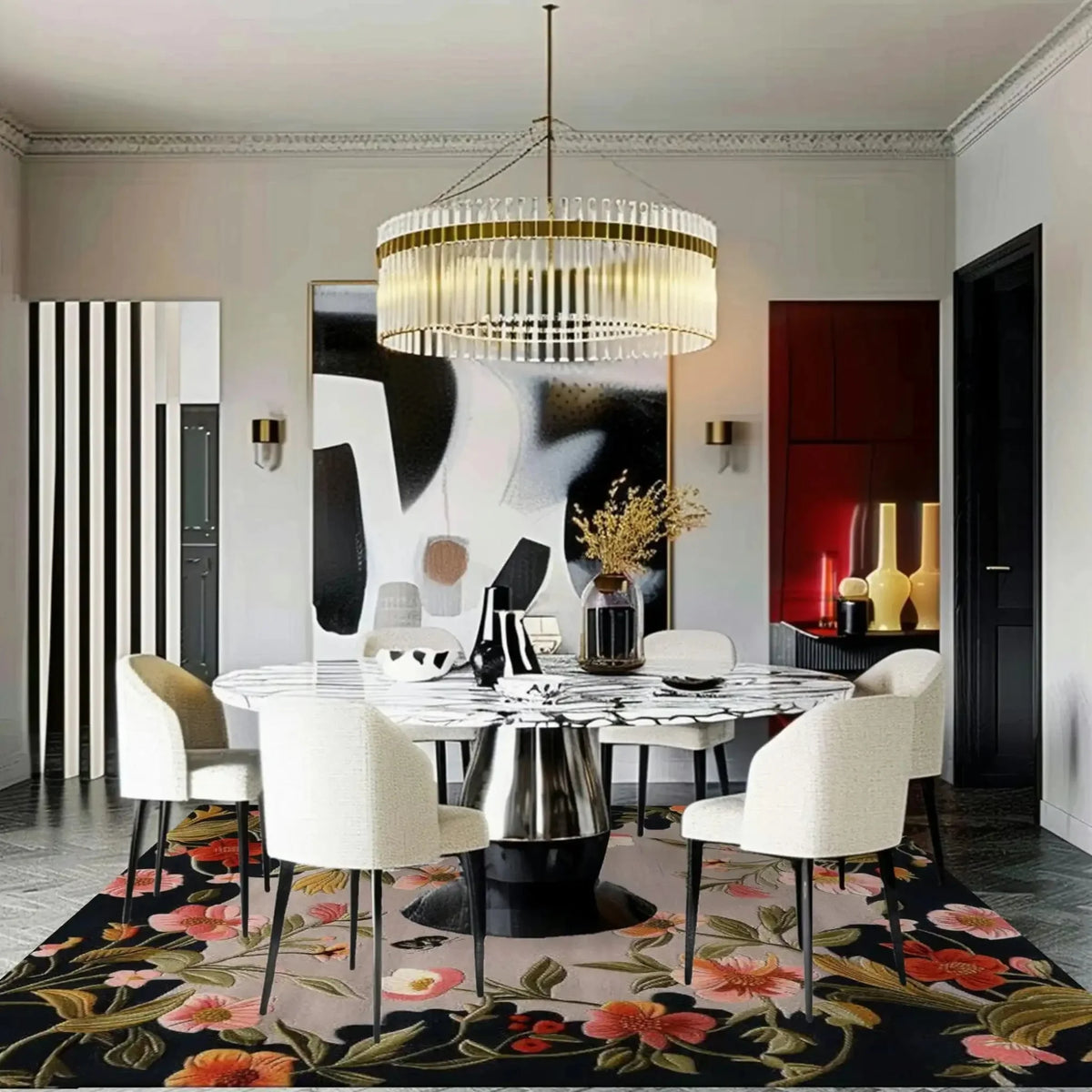 A beautifully styled living room featuring a Garden Bouquet Hand Tufted Wool Rug. This large area rug showcases vibrant floral designs, adding elegance to the room. The square area rug complements the modern decor with a chic dining table and chairs, perfect for a stylish living space. Ideal for those seeking floral rugs and wool rugs in an 8x10 size.