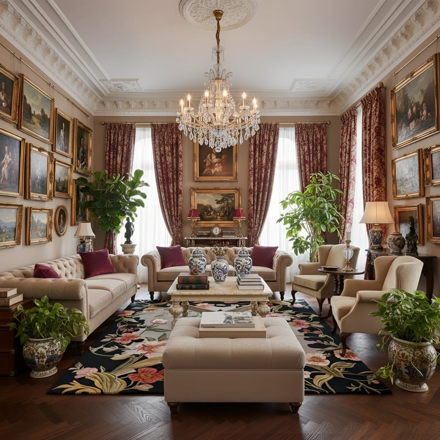 Luxurious living room with ornate decor, including a chandelier, framed paintings, and elegant furniture.