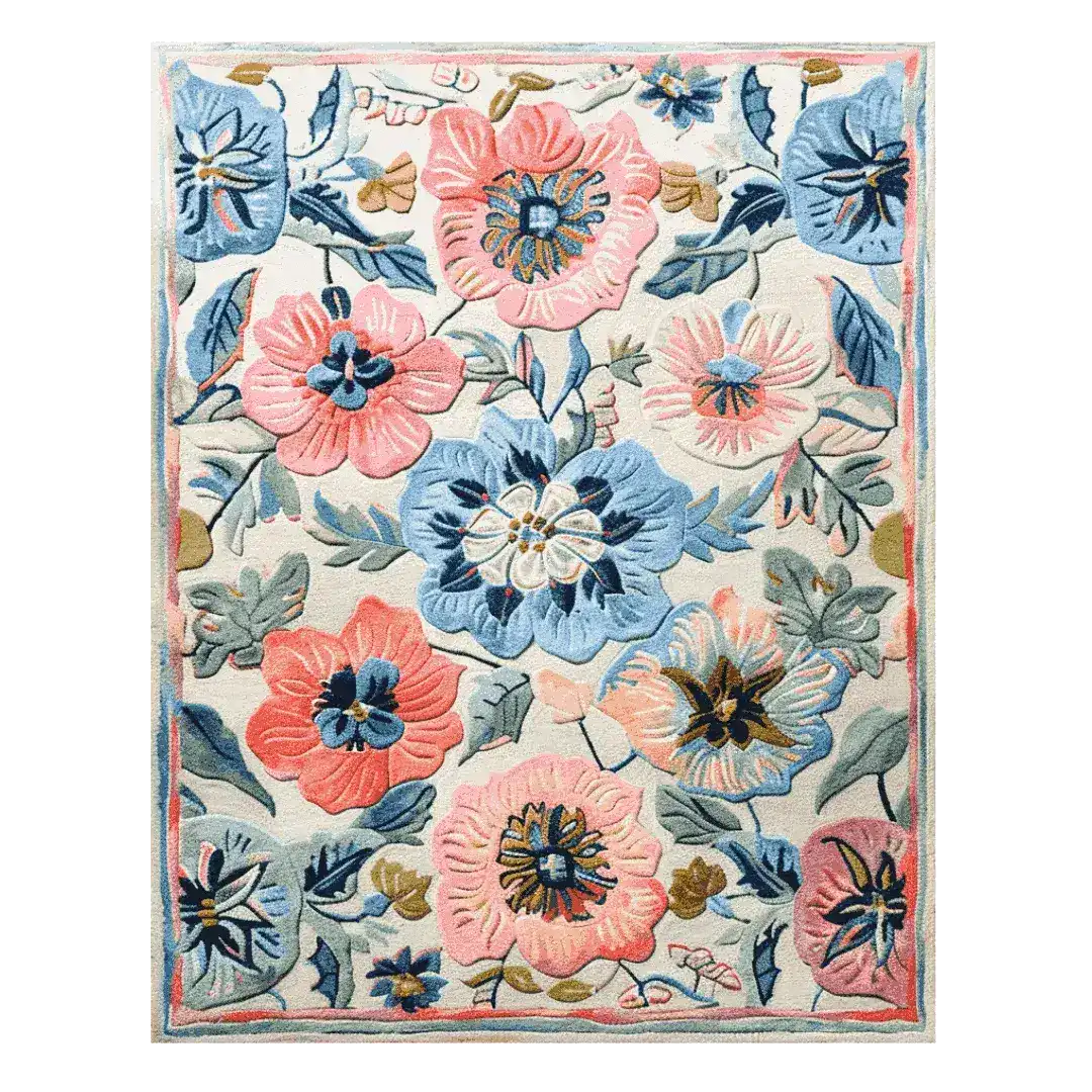 This vibrant Garden Breeze Hand Tufted Area Rug showcases a stunning floral pattern with pink and blue flowers, perfect for adding a touch of elegance to any living room. Crafted from high-quality wool, this wool rug combines both durability and style, making it an ideal choice for those seeking beautiful area rugs for living room spaces.