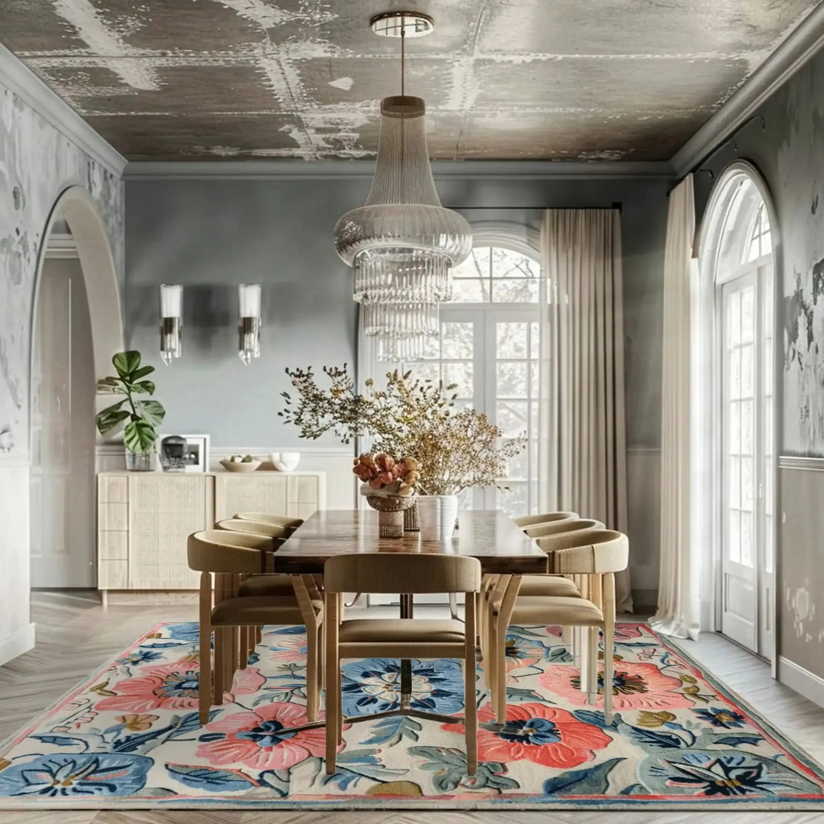 A stylish dining room featuring a vibrant Garden Breeze Hand Tufted Area Rug with a floral design, perfect for adding a touch of elegance to any living space. This wool rug showcases colorful blooms, ideal for area rugs in the living room.