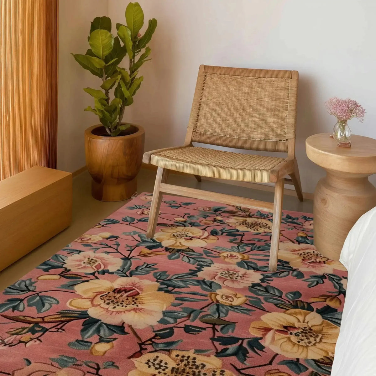 A beautifully crafted Garden Dreams Hand Tufted Area Rug with a vintage floral design, perfect for adding charm to your dining room or living room. This wool rug features vibrant blooms against a soft pink backdrop, enhancing the cozy ambiance of any space.