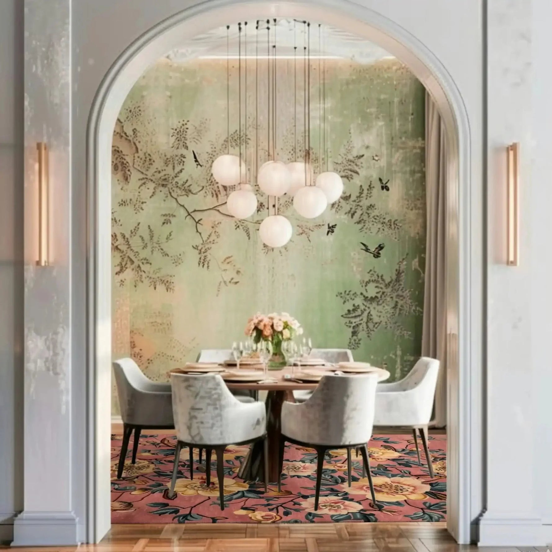 Elegant dining room featuring a vintage-inspired floral area rug beneath a round dining table with plush chairs. The wool rug, with its vibrant floral patterns, adds a touch of warmth and style, making it perfect for both dining room and living room spaces.