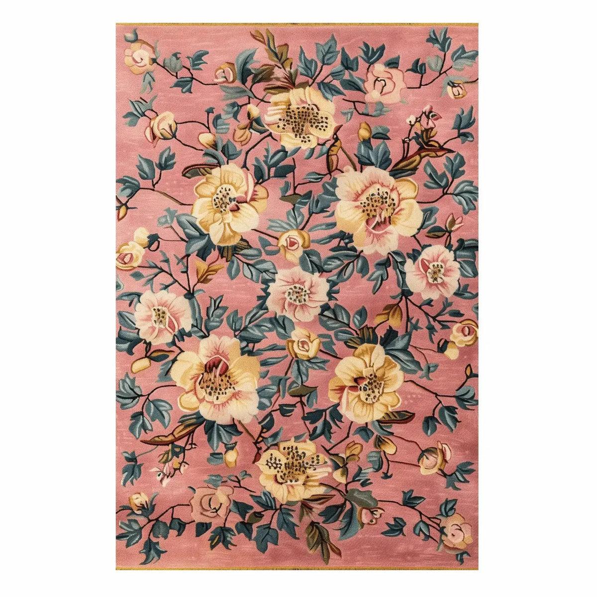 The Garden Dreams Hand Tufted Rug features a vibrant floral design, perfect for adding a vintage touch to your living or dining room. This wool area rug showcases intricate yellow and green blossoms on a soft pink background, making it an ideal choice for dining room area rugs or as a standout piece in the living room.