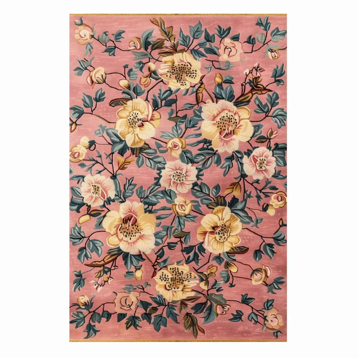 The Garden Dreams Hand Tufted Rug features a vibrant floral design, perfect for adding a vintage touch to your living or dining room. This wool area rug showcases intricate yellow and green blossoms on a soft pink background, making it an ideal choice for dining room area rugs or as a standout piece in the living room.