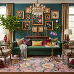 Decorative living room with a green sofa, colorful pillows, a floral wool rug, and a wall of framed art.
